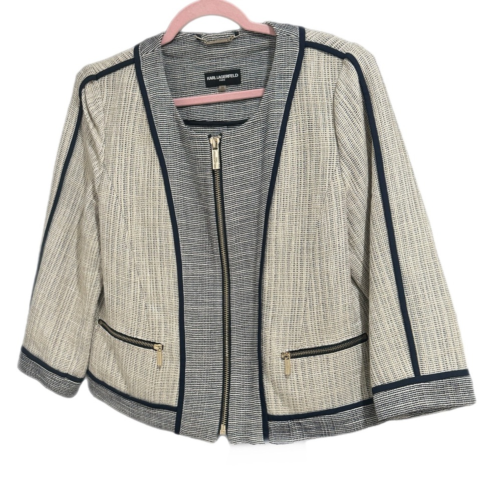 Karl Lagerfeld Cream Tweed Open-Front Jacket with Black Trim - Picture 2 of 15